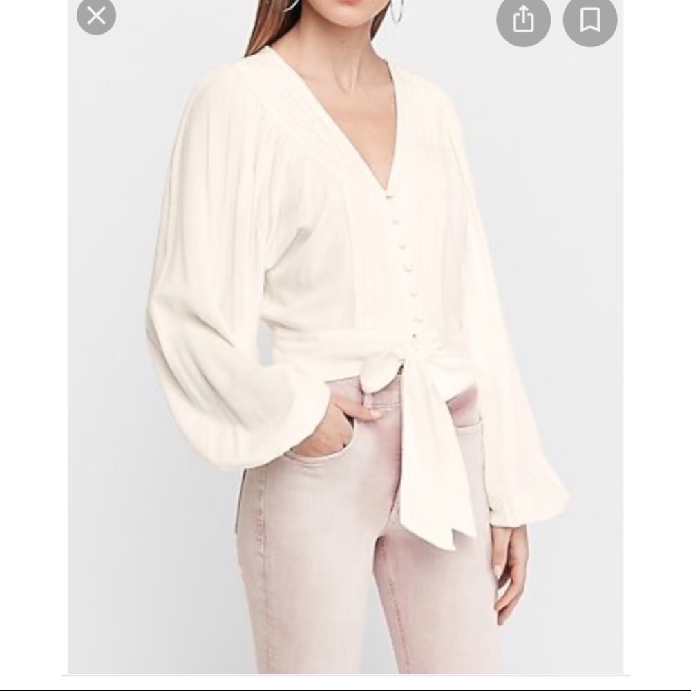 Express pleated tie front cream kimono top blouse